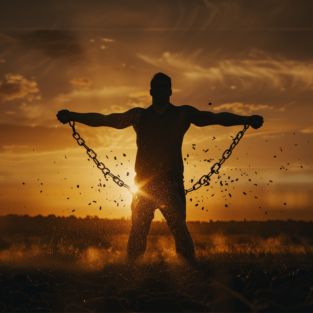 A silhouetted figure at sunrise pulling apart heavy iron chains, links shattering outward against a copper horizon