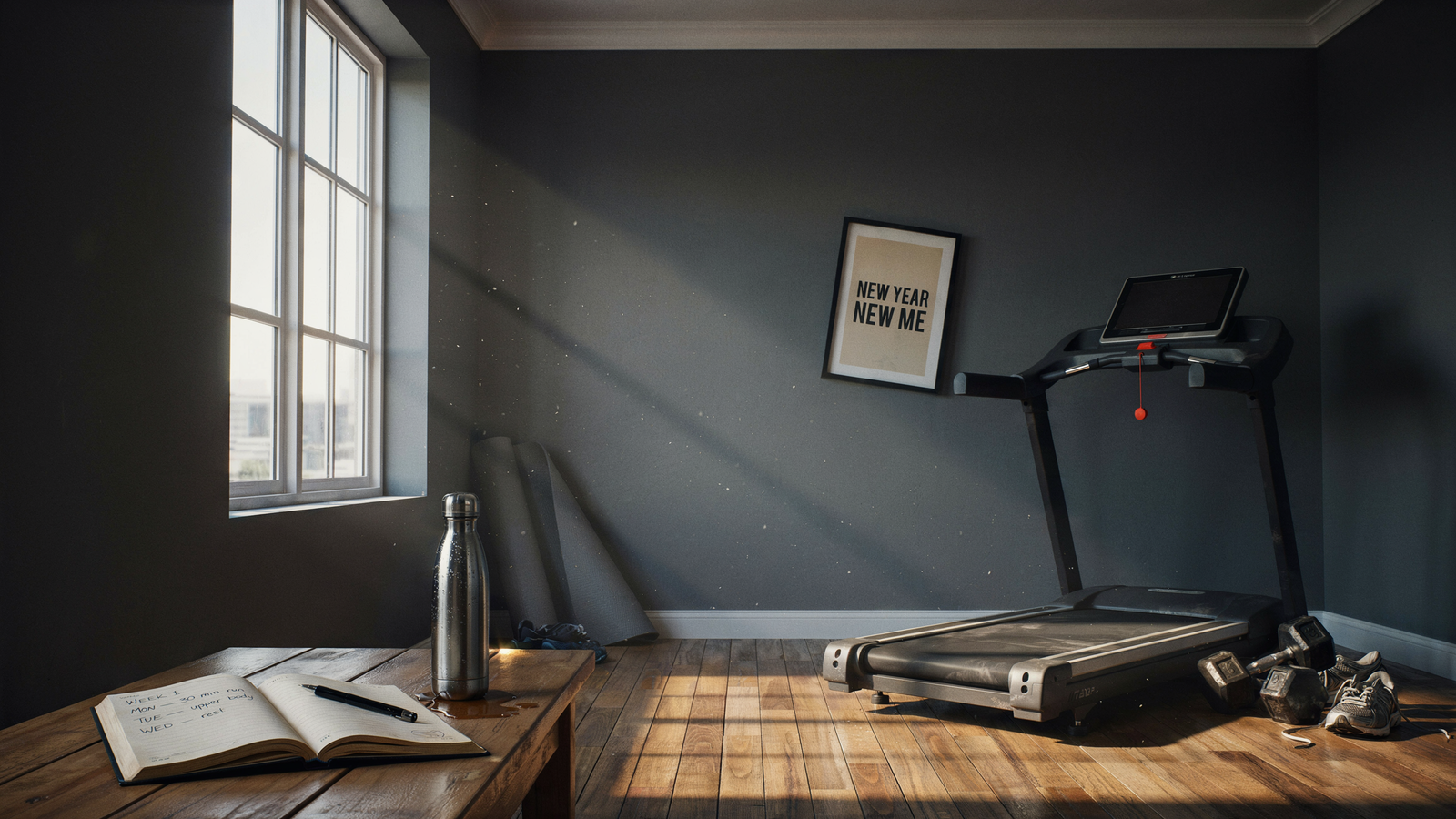 An abandoned home gym in warm morning light, dusty treadmill, dumbbells left on the floor, a journal open on a bench, and a crooked framed poster on the wall reading 'New Year New Me'
