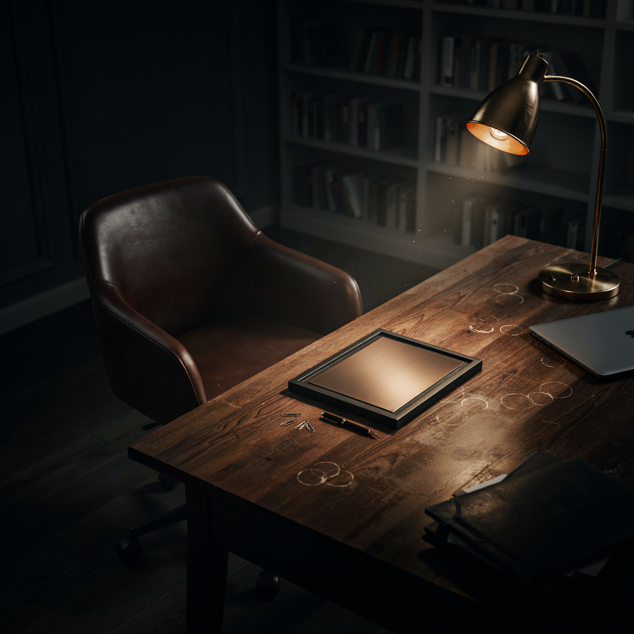 An overhead view of an empty office desk at night, a blank award plaque, coffee ring stains marking years of long hours