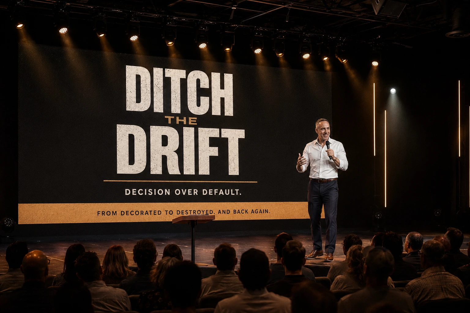 Matthew A. Buckley speaking on stage in front of a Ditch the Drift screen, addressing an audience